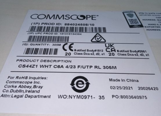 CAt6A 4 Cáp mạng xoắn đôi Cat6A chống nhiễu COMMSCOPE  - Mã: 884024508/10 - Kiểu loại: CAT6A- Chống nhiễu - Cuộn dài 305M - Chủng loại: Cáp mạng Lan - Màu dây: Màu trắng ( white) - Tiêu chuẩn Category 6A theo TIA/EIA-568-B.2-1 và ISO/IEC 11801 Class EA